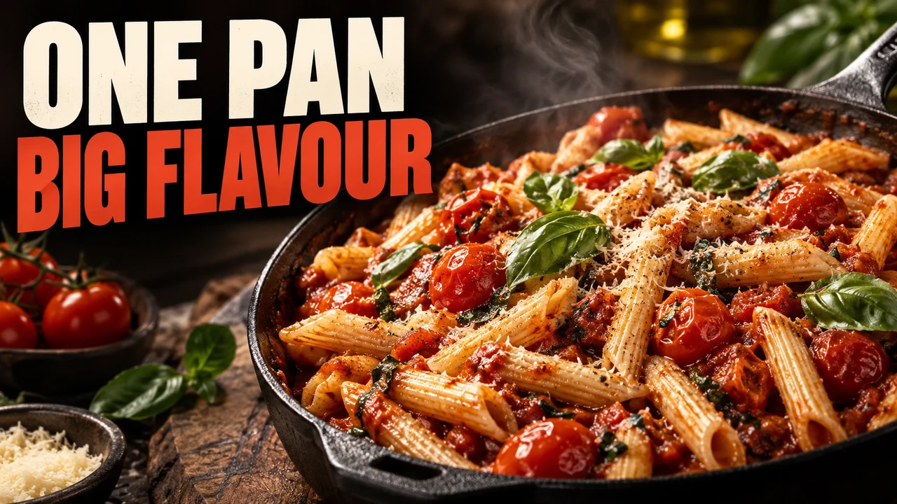Fictional cooking thumbnail: steaming penne with tomatoes and basil in a cast-iron pan, reading One pan, big flavour