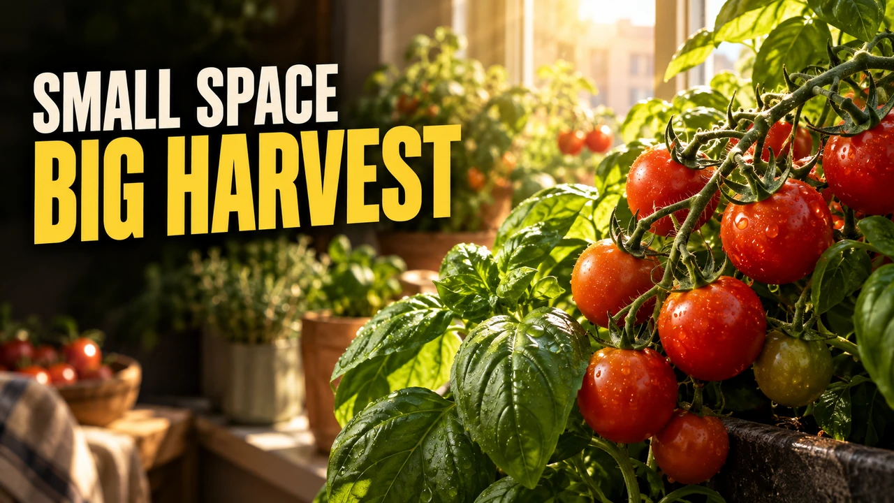 Fictional gardening thumbnail: ripe tomatoes and basil beside a sunlit window, reading Small space, big harvest